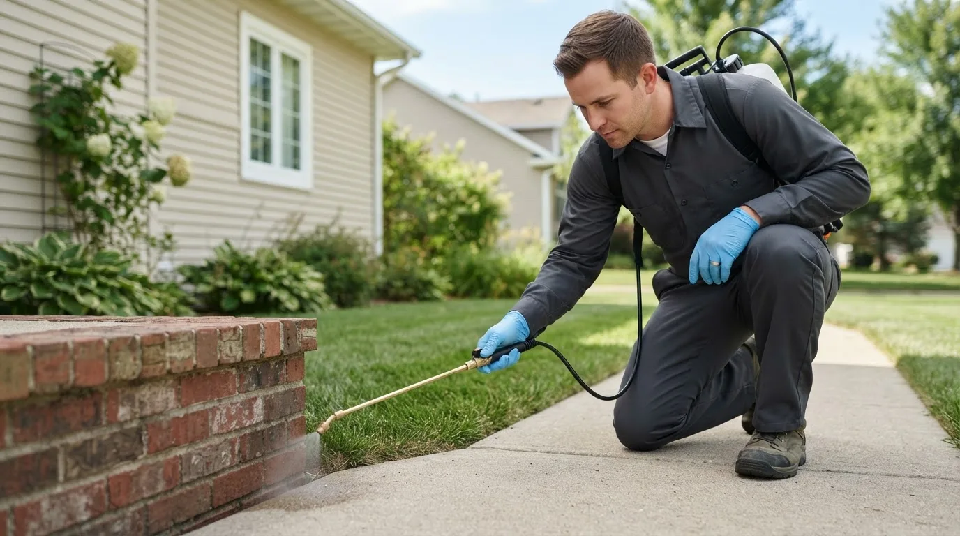 Pest control technician treating a home near Monee, IL